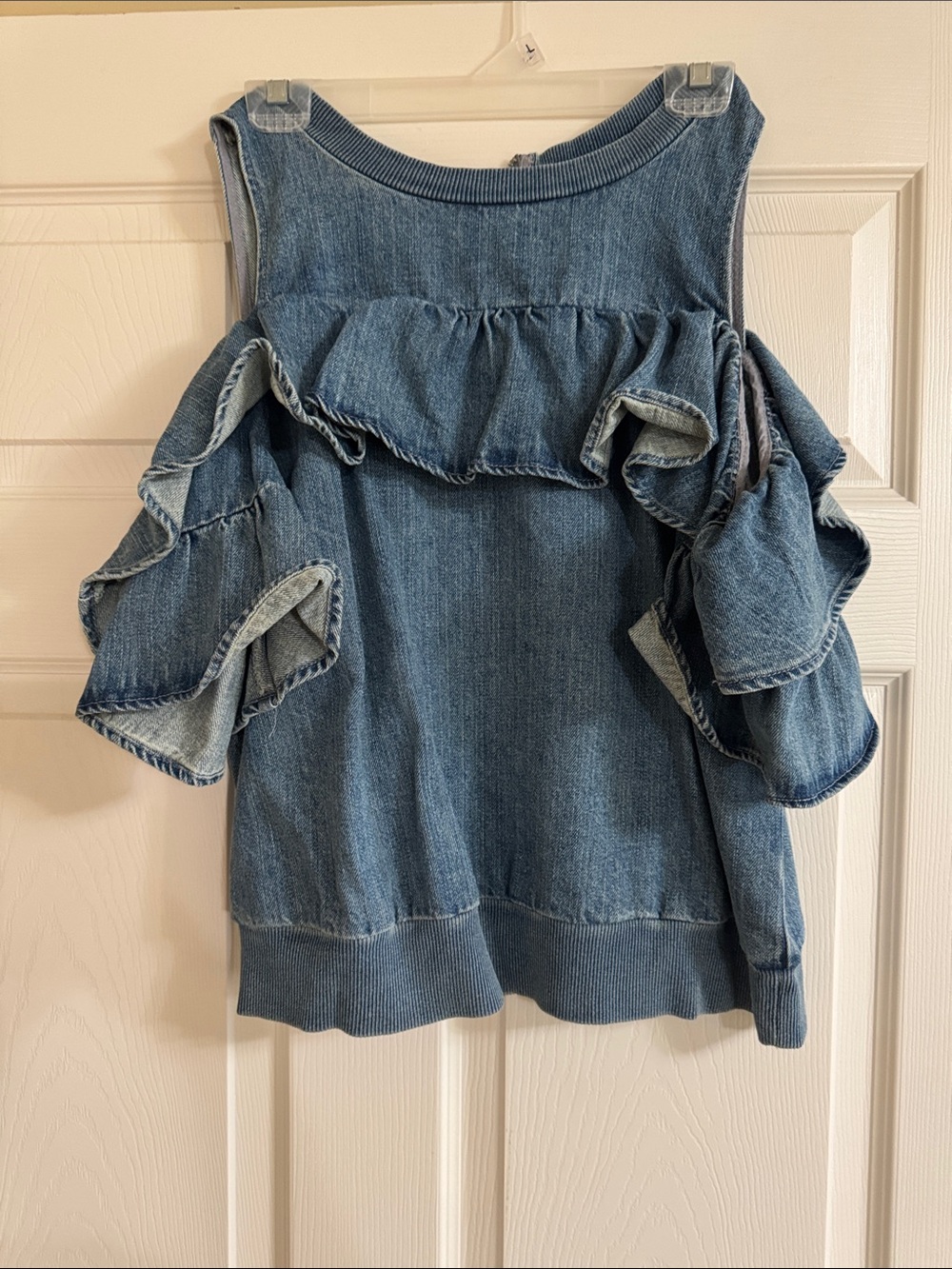 Cold-Shoulder Denim Ruffle Women's Top - Blue